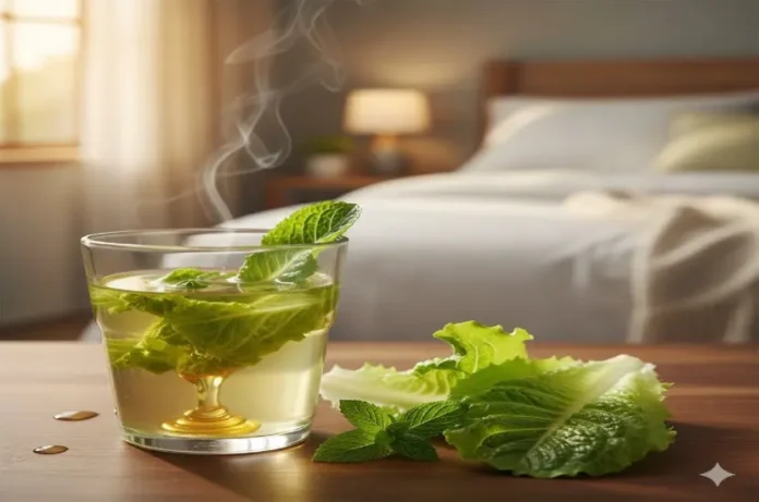 Yatak odası atmosferinde, taze marul yaprakları ve nane ile hazırlanmış, dumanı üzerinde tüten doğal marul suyu bardağı.