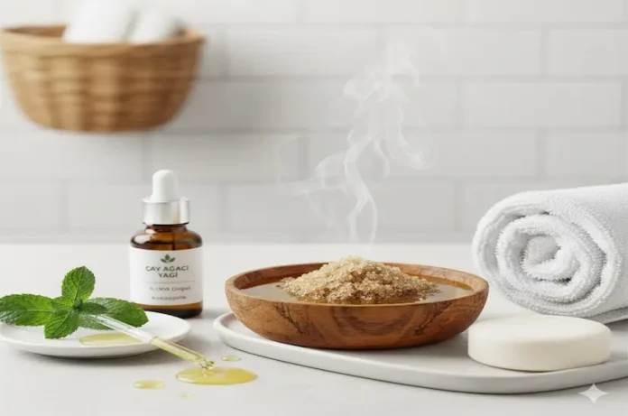Kasık bölgesi batıkları için çay ağacı yağı ve şeker peelingi hazırlığı