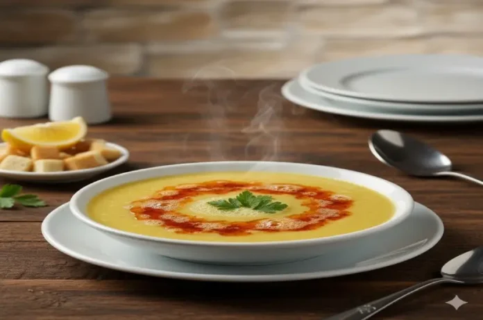 Kasede servis edilen, üzerine tereyağlı sos dökülmüş sarı mercimek çorbası.