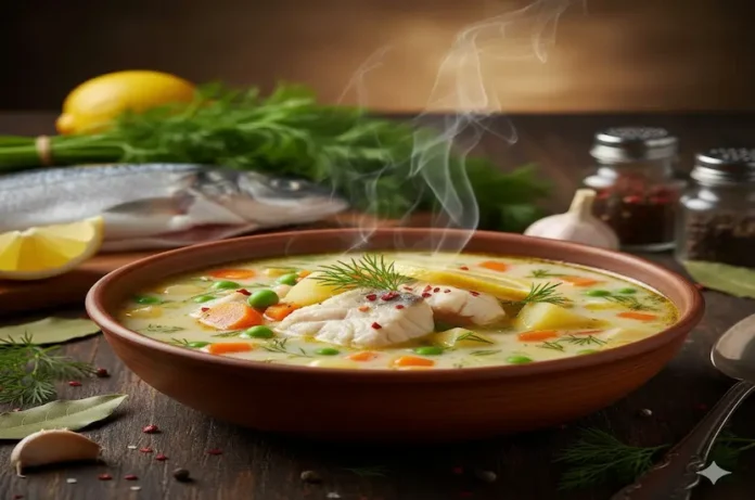 Terbiyeli, sebzeli ve şifalı lokanta usulü balık çorbası tarifi görseli.