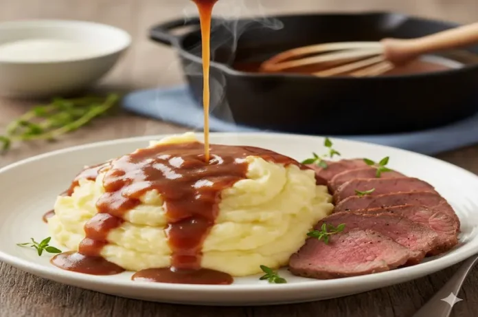 Patates püresi ve dilimlenmiş et üzerine dökülen pürüzsüz kıvamlı kahverengi gravy sos