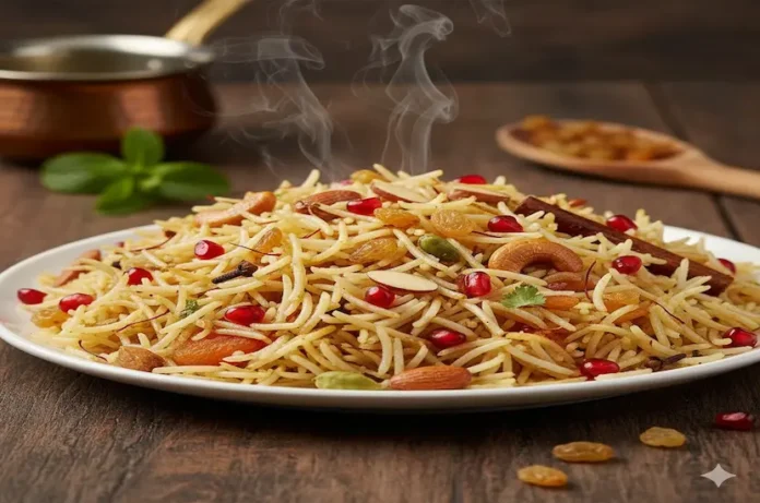 Safranlı basmati pirinci, kaju, badem ve nar taneleriyle süslenmiş dumanı tüten orijinal Keşmir pilavı tabağı
