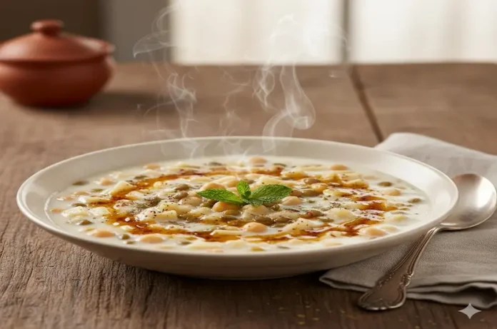 Ahşap masa üzerinde, buharı tüten, üzeri naneli ve tereyağlı sosla süslenmiş geleneksel yoğurtlu tutmaç çorbası kasesi.