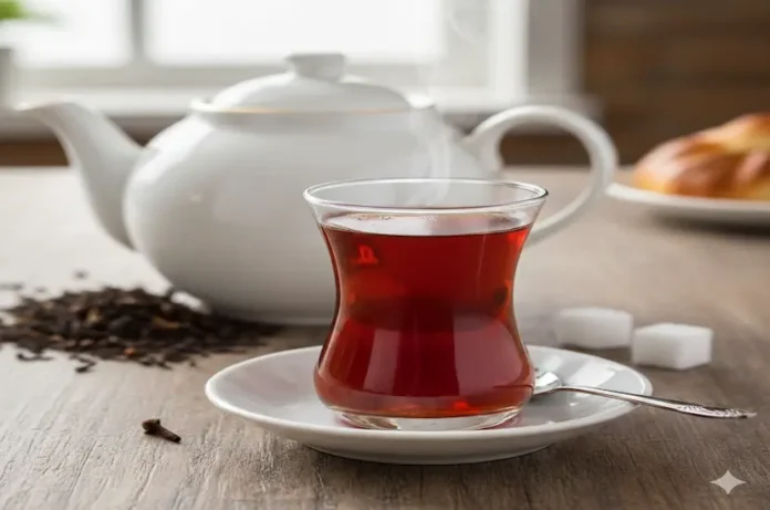 Porselen demlik yanında, ince belli cam bardakta servis edilen taze ve berrak tavşan kanı Türk çayı.
