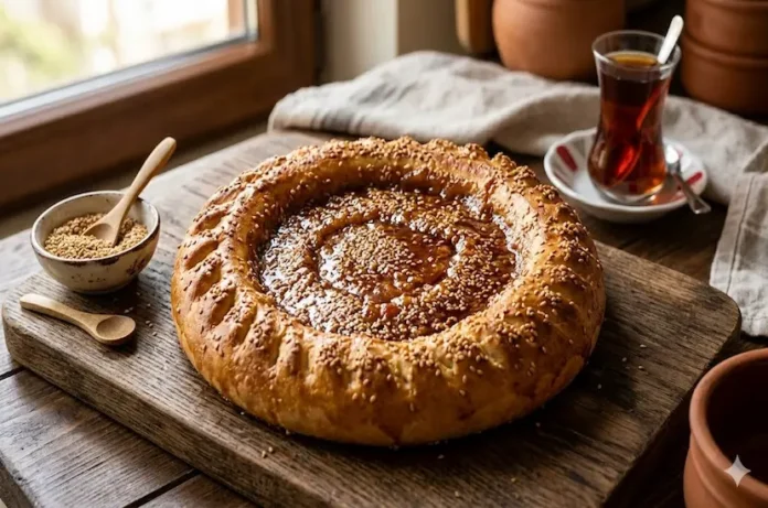 Bol tahinli, susamlı ve fırından yeni çıkmış sıcak Bursa tahinli pide sunumu.