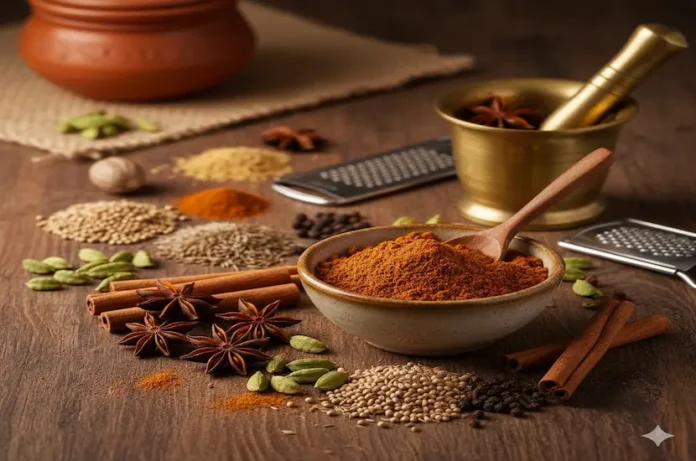 Ahşap masa üzerinde taze öğütülmüş ev yapımı Garam Masala baharat karışımı ve bütün baharatlar.
