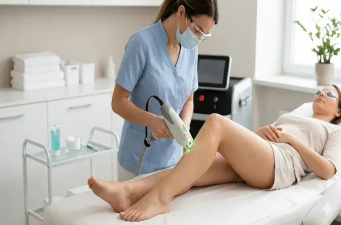 Modern bir klinikte profesyonel lazer epilasyon uygulaması ve pürüzsüz cilt bakımı.
