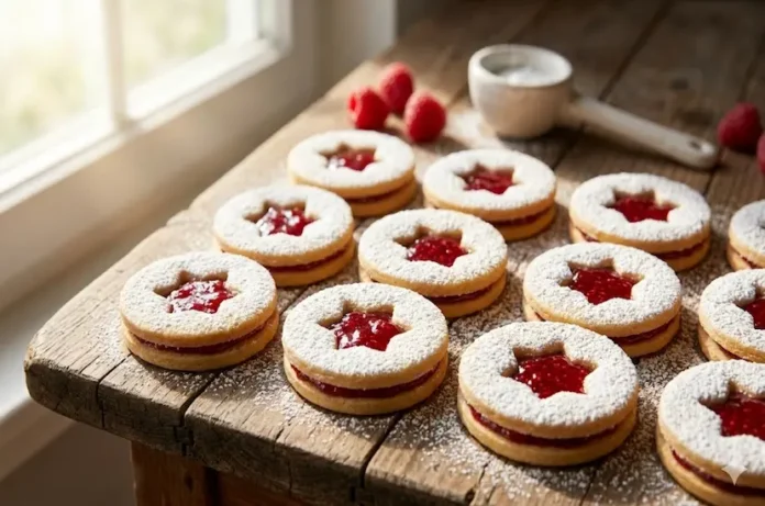 Ev yapımı marmelatlı ve pudra şekerli Linzer kurabiyesi sunumu.